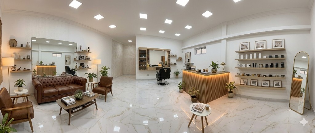 Interior panorámico Visage: sala de espera, estación de corte y recepción.